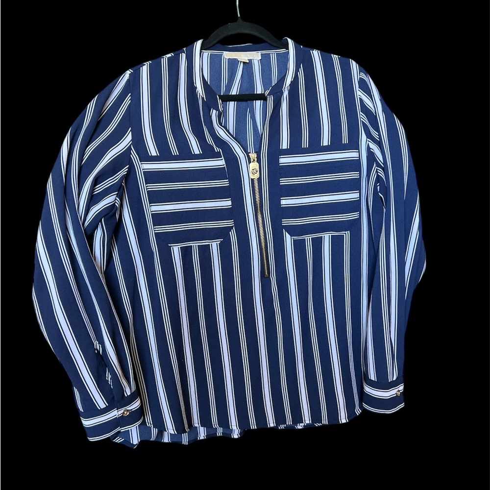 Michael Kors Navy and White Striped Blouse size LG polyester lightweight blouse